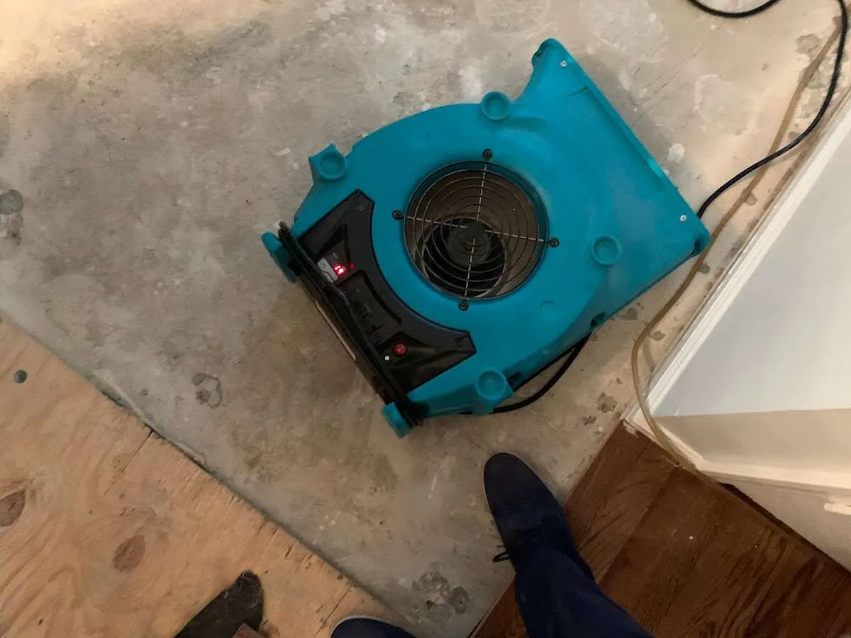 Air mover drying subfloor during Leak Detection & Repair in Endicott